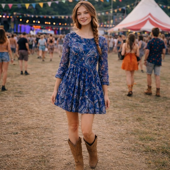 Attard State Dresses & Skirts - Attard State‎ Blue Paisley Floral Print Long Sleeve Fit Flare Dress Size M Boho